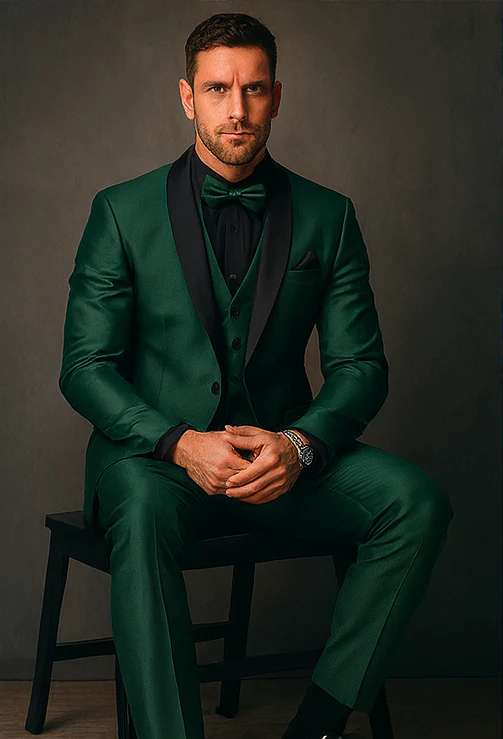 Mens Emerald Green Tuxedo with Black Satin Shawl Lapel – 3 Piece Formal Suit with Vest - Image 5