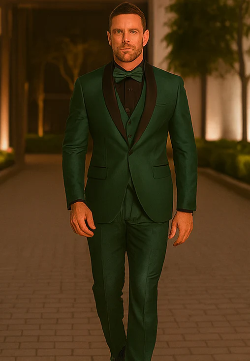 Mens Emerald Green Tuxedo with Black Satin Shawl Lapel – 3 Piece Formal Suit with Vest - Image 6
