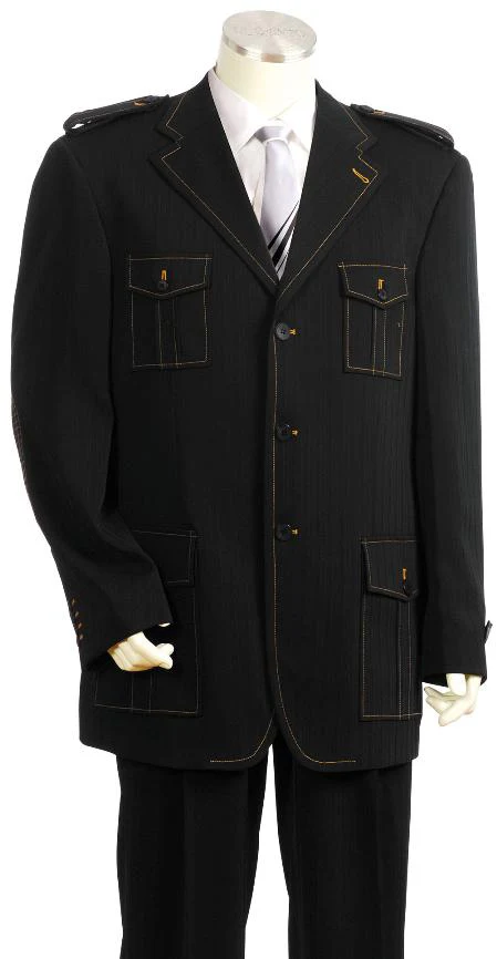 Men's Exclusive 3 Button Black Safari Military Style Zoot Suit