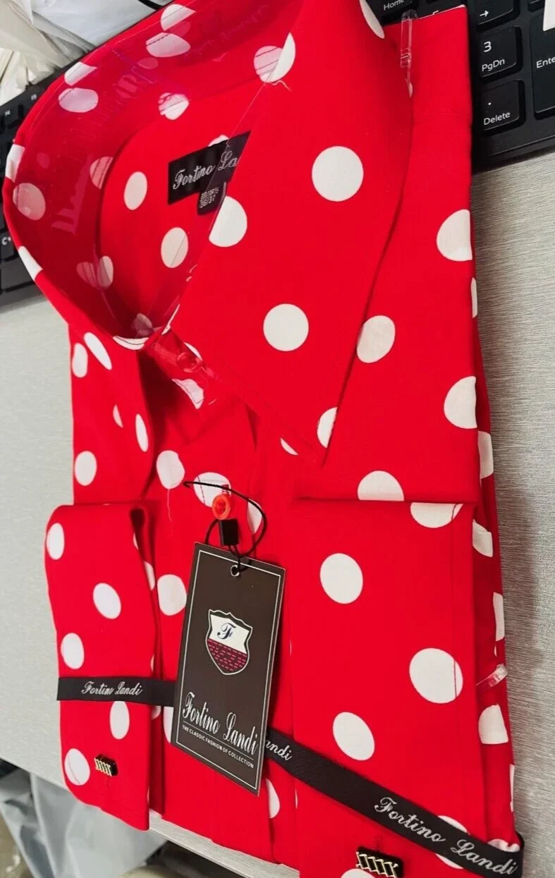 Mens Fashion Polka Dot Dress Shirt β Red White Cotton French Cuff Design - Image 3
