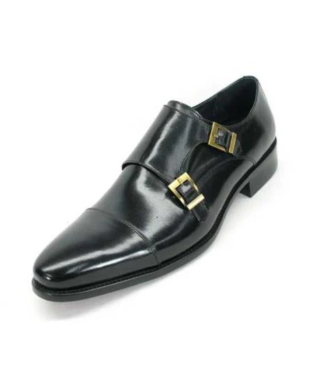 Men's Fashionable Carrucci Calfskin Double Buckles Slip On Style Stylish Dress Loafer Black
