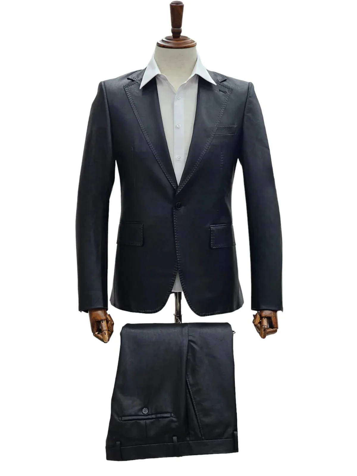 Mens Black Slim Fit Faux Leather Suit – 1 Button Notch Lapel - Image 2