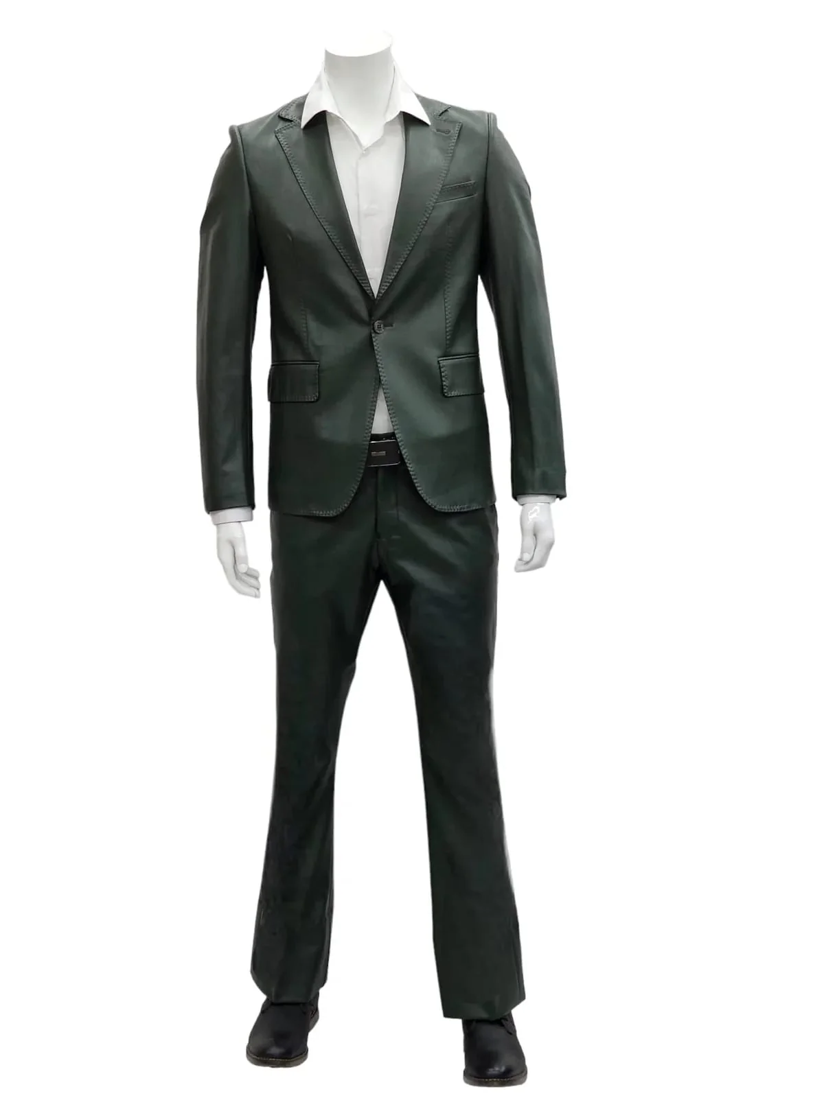 Mens Olive Slim Fit Faux Leather Suit – 1 Button Notch Lapel - Image 3