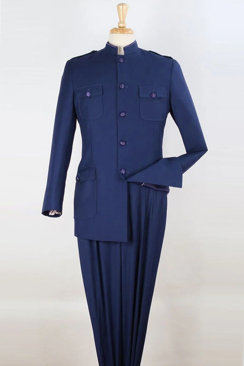 Apollo King "Navy Men's Safari Suit - Five Button Military Inspired Mandarin Banded"