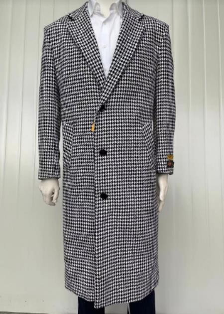 Mens Full Length and Cashmere Overcoat - Winter Topcoats - Black and White Coat - Image 8