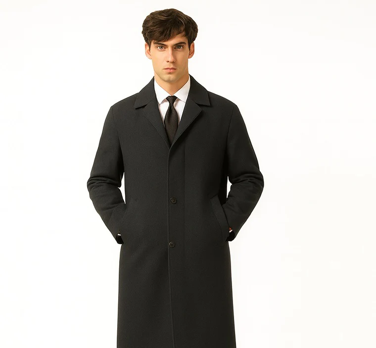 Men's Full Length Wool Overcoat Belted Charcoal Grey Belted Wool Overcoat - Image 6