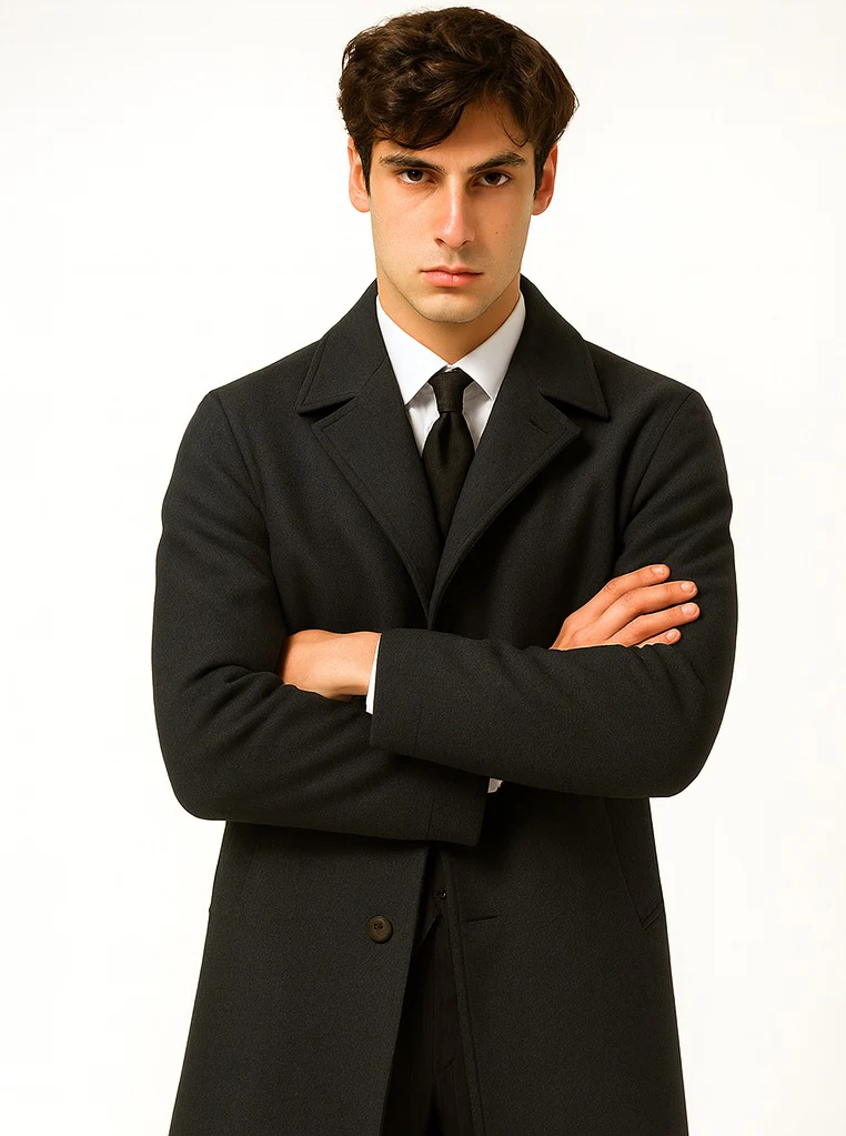 Men's Full Length Wool Overcoat Belted Charcoal Grey Belted Wool Overcoat - Image 7