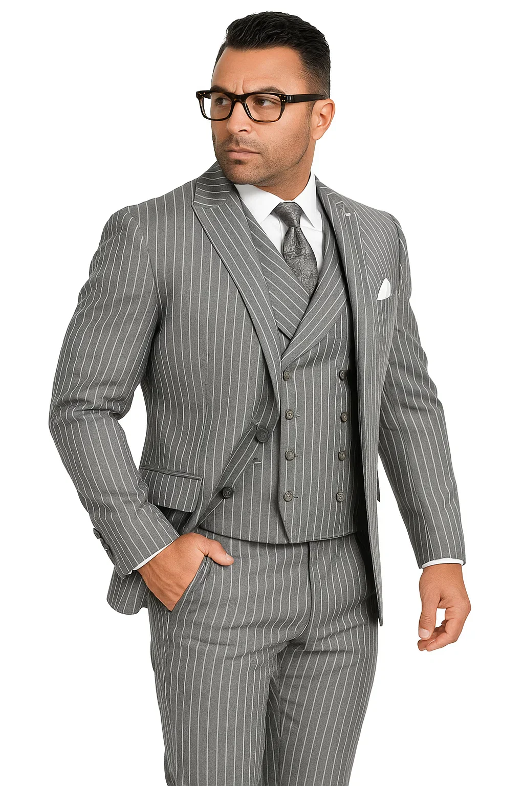 Mens Gangster Pinstripe 2 Button Double Breasted Vest Suit in Black - Image 10