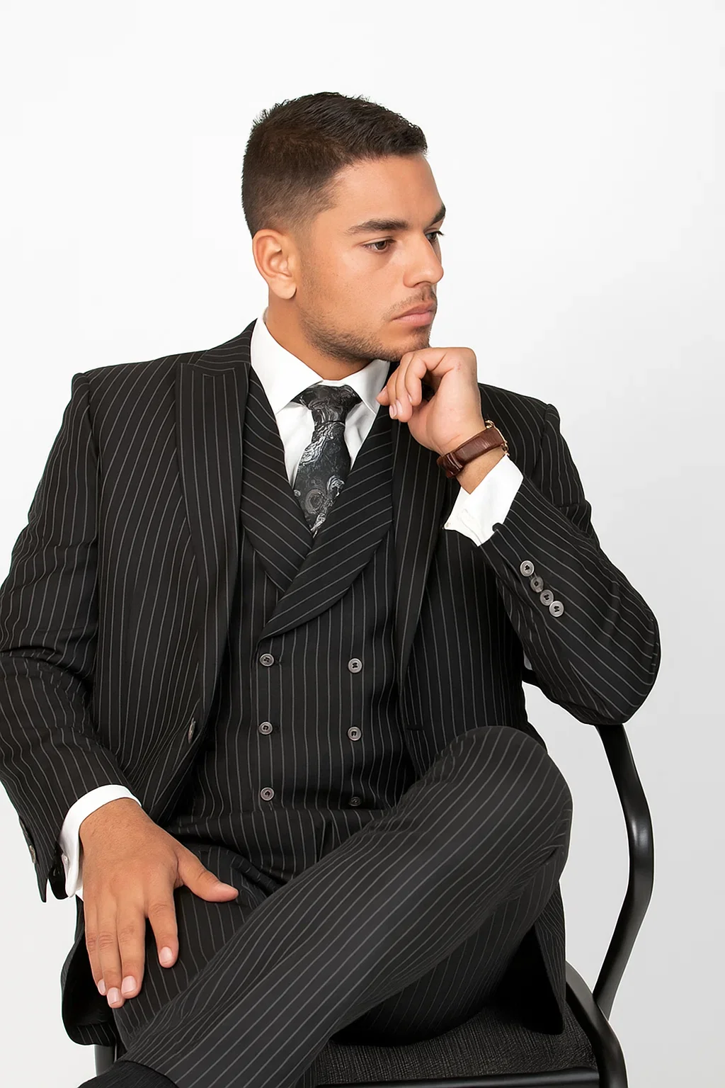 Mens Gangster Pinstripe 2 Button Double Breasted Vest Suit in Black - Image 3