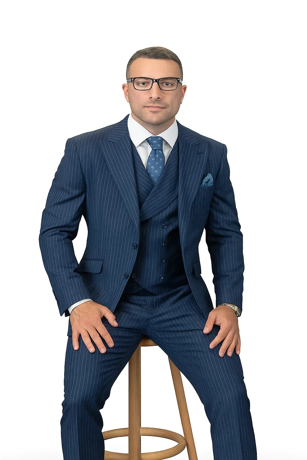 Mens Gangster Pinstripe 2 Button Double Breasted Vest Suit in Black - Image 5