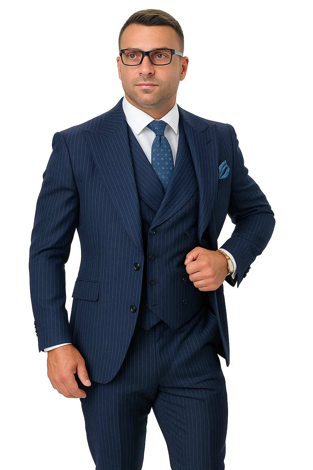 Mens Gangster Pinstripe 2 Button Double Breasted Vest Suit in Black - Image 6