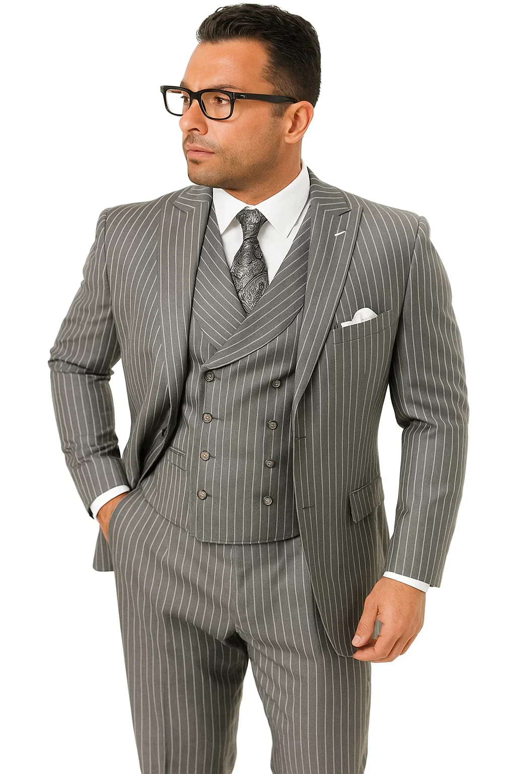 Mens Gangster Pinstripe 2 Button Double Breasted Vest Suit in Black - Image 9
