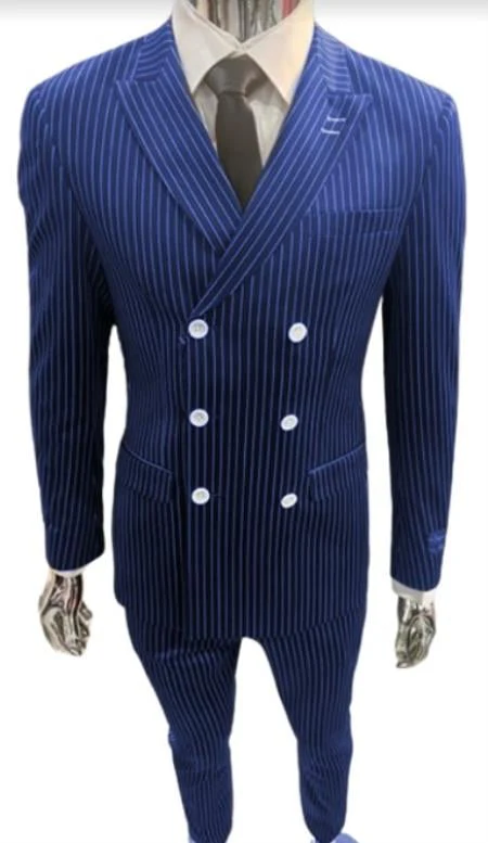 Mens Gangster Suit - 1920s Style 6 Buttons Style Contrast Buttons Pinstripe Suit Navy Blue