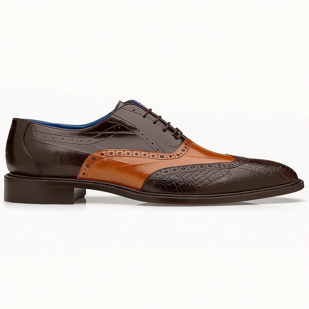 Belvedere Varo Men's Alligator & Eel Leather Dress Shoes - Chocolate Brown/Tan - Image 2