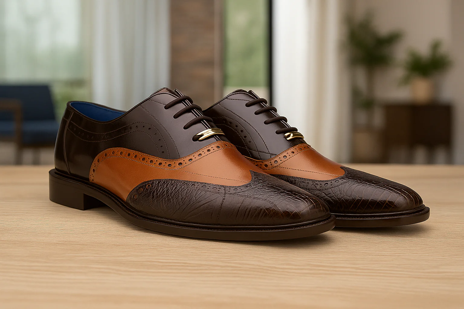 Belvedere Varo Men's Alligator & Eel Leather Dress Shoes - Chocolate Brown/Tan - Image 4