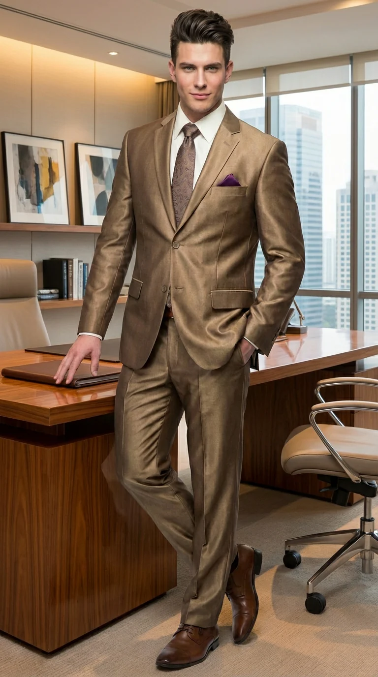 Mens Gold Brown Tan Beige Khaki Bronze Formal Suit – Luxury Metallic Finish Wedding and Prom Suit for Men - Image 11
