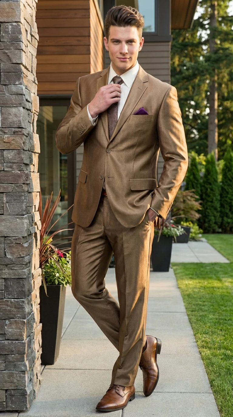 Mens Gold Brown Tan Beige Khaki Bronze Formal Suit – Luxury Metallic Finish Wedding and Prom Suit for Men - Image 12