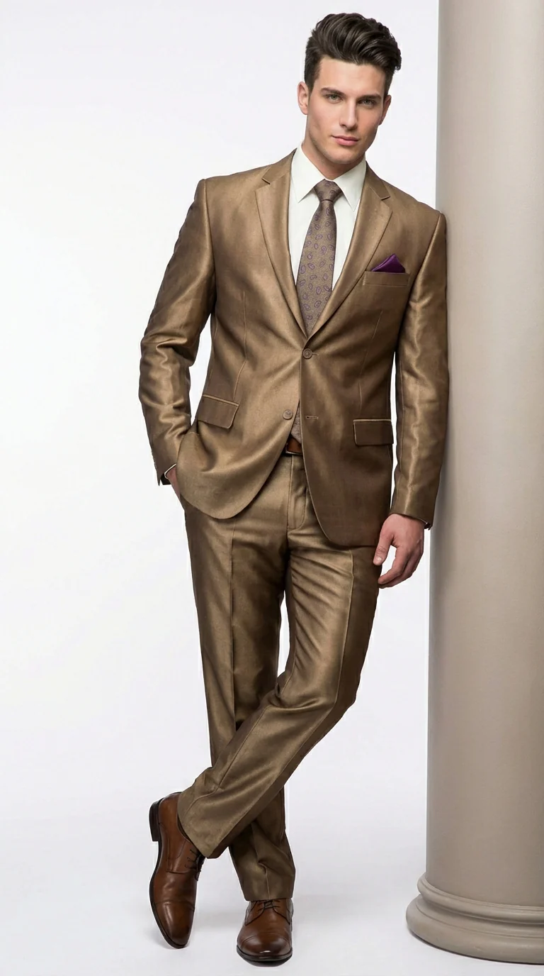 Mens Gold Brown Tan Beige Khaki Bronze Formal Suit – Luxury Metallic Finish Wedding and Prom Suit for Men - Image 3