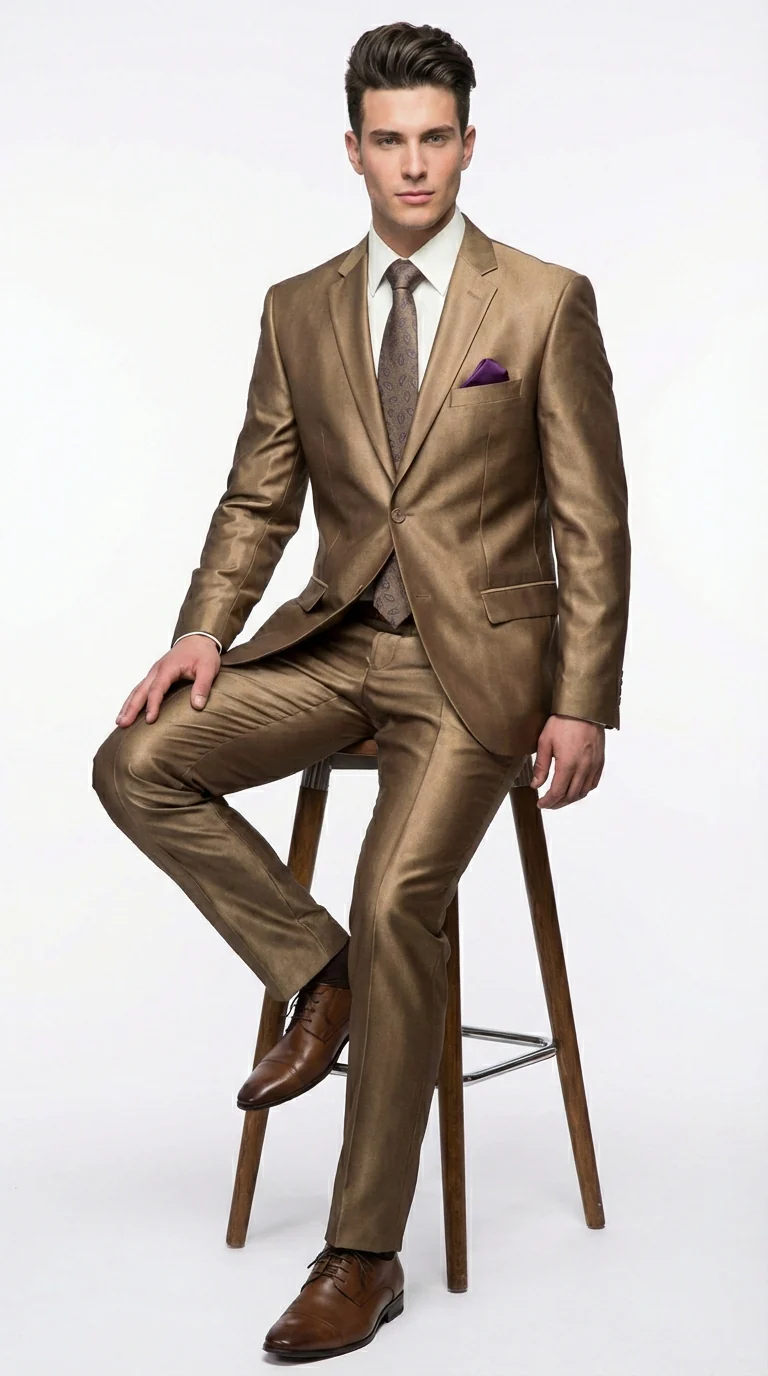 Mens Gold Brown Tan Beige Khaki Bronze Formal Suit – Luxury Metallic Finish Wedding and Prom Suit for Men - Image 7