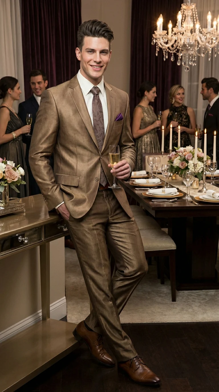 Mens Gold Brown Tan Beige Khaki Bronze Formal Suit – Luxury Metallic Finish Wedding and Prom Suit for Men - Image 9