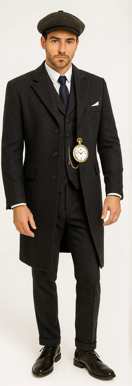 Men'S Gray Three Buttons Two Flap Front Pockets 3 Piece Peaky Blinders Suits - Peaky Blinders Outfit + Overcoat + Shirt And Hat + Boot (Like Pictured)