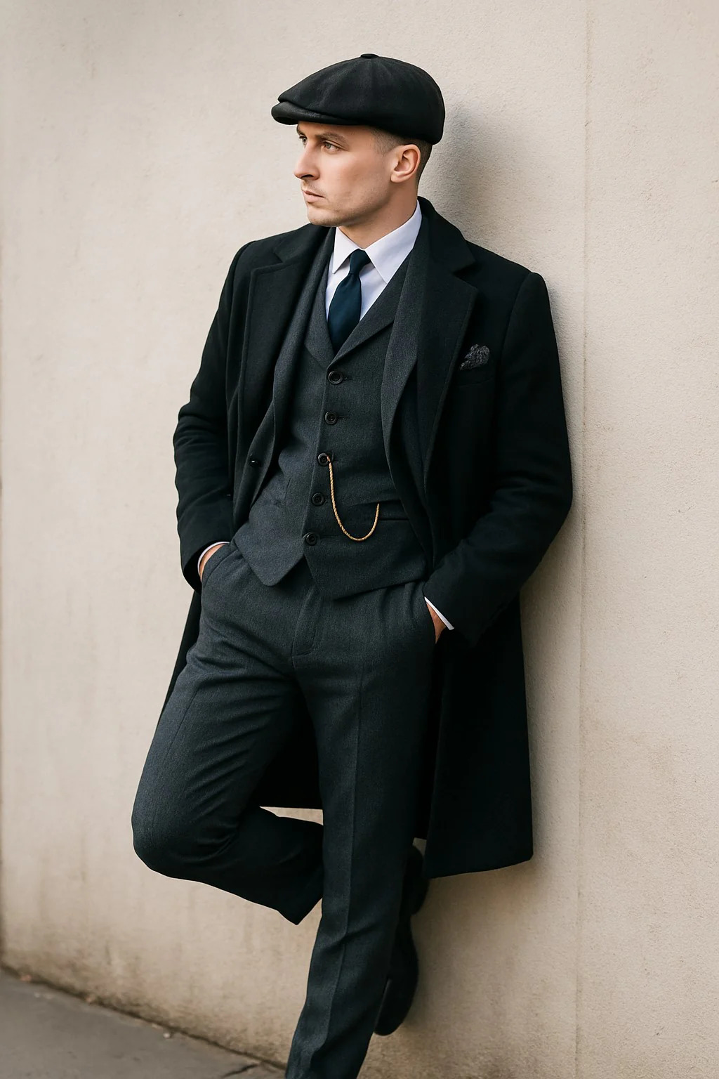 Men'S Gray Three Buttons Two Flap Front Pockets 3 Piece Peaky Blinders Suits - Peaky Blinders Outfit + Overcoat + Shirt And Hat + Boot (Like Pictured) - Image 7