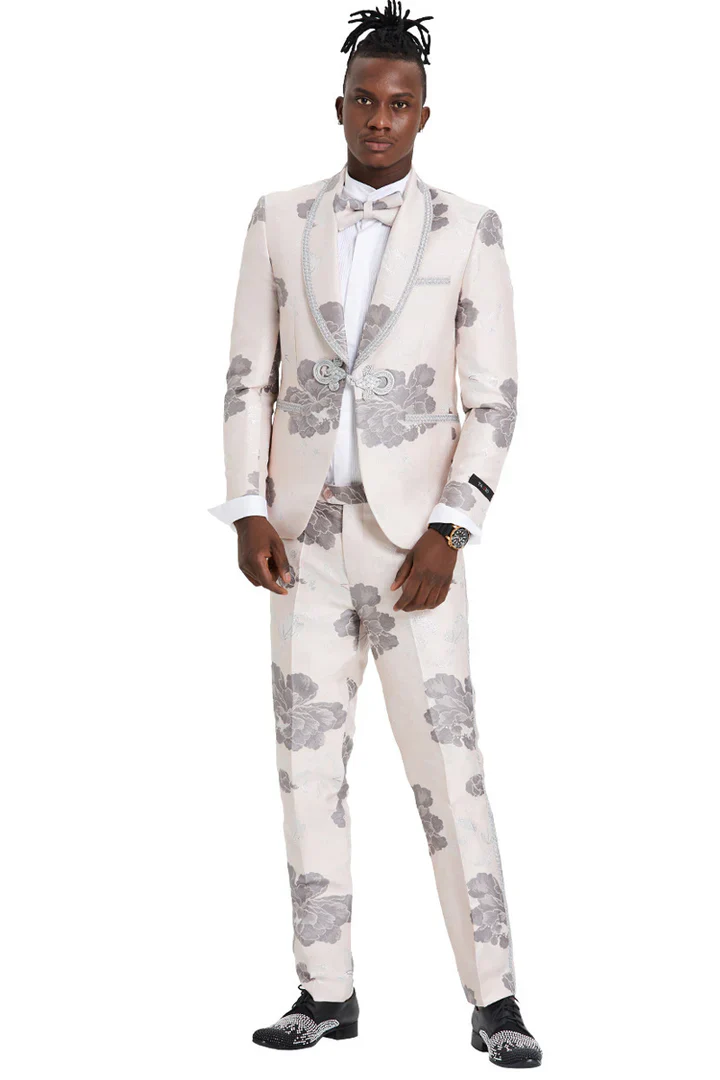 Mens Gray Tuxedo - Grey Wedding Suit-Mens One Button Vested Shawl Tuxedo In Pink & Silver Paisely With Lace Trim - Image 2