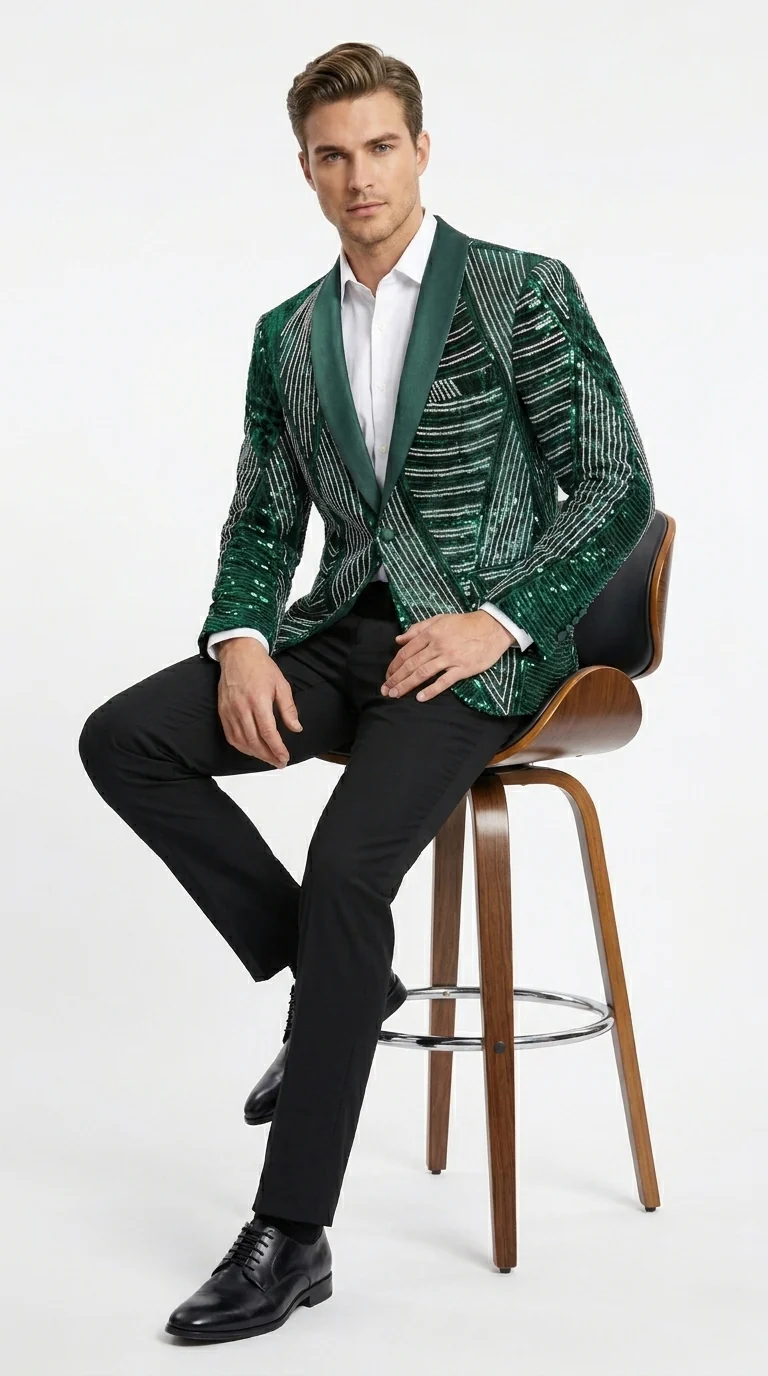 Mens Green Sequin Christmas Holiday Blazer – Luxury Party Jacket for New Year, Wedding and Festive Events New Year Jacket - Image 4