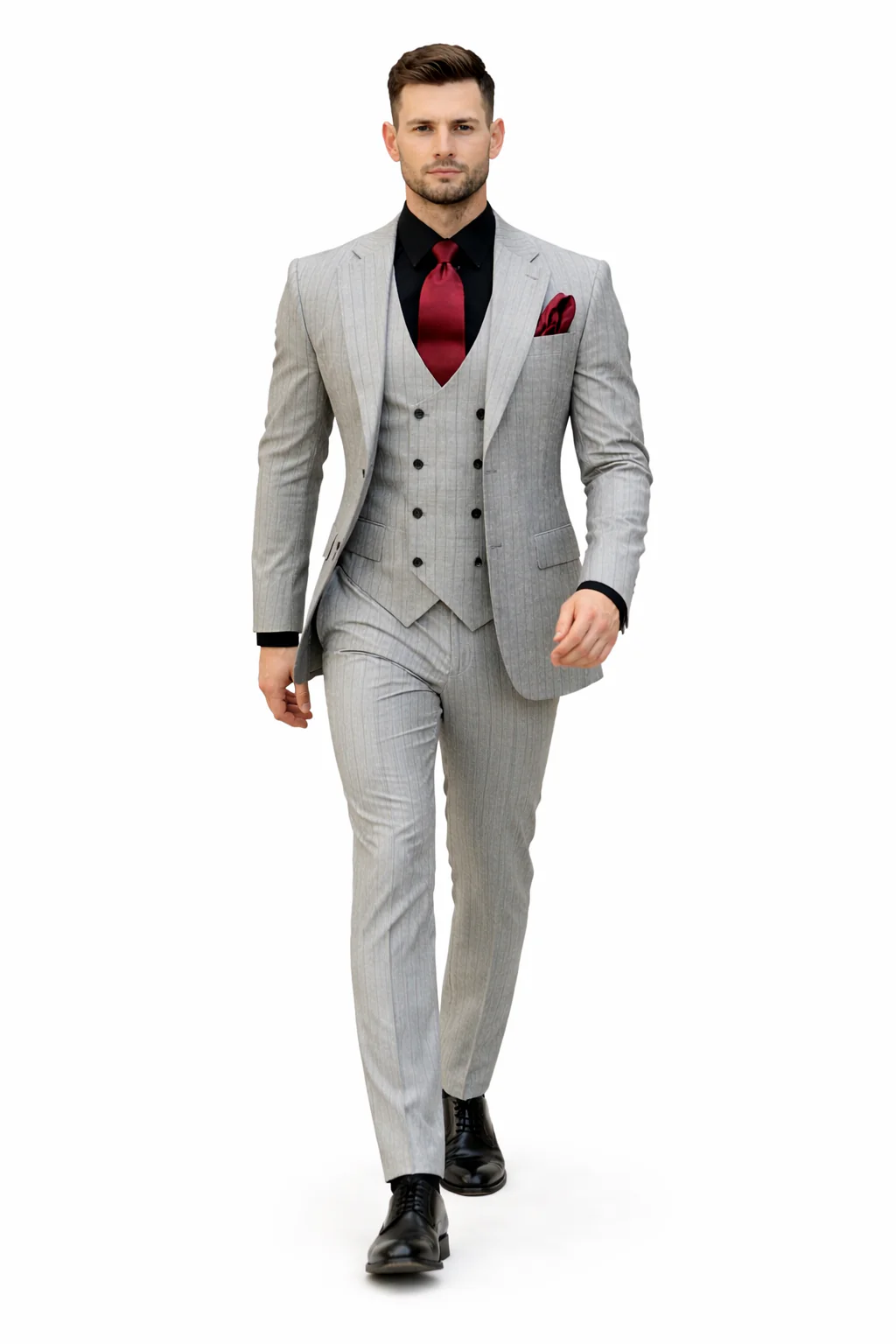 Men's Grey and Black Pinstripe Three-Piece Suit 1920s Suit Gangster Stripe Vintage Look - Image 4