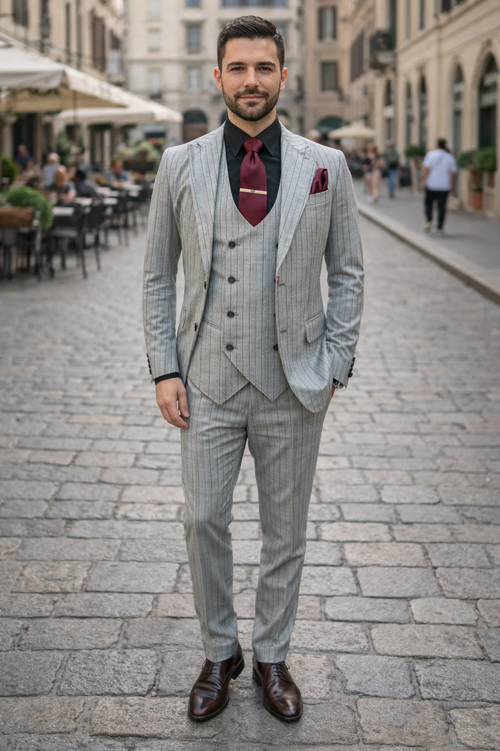 Men's Grey and Black Pinstripe Three-Piece Suit 1920s Suit Gangster Stripe Vintage Look - Image 5