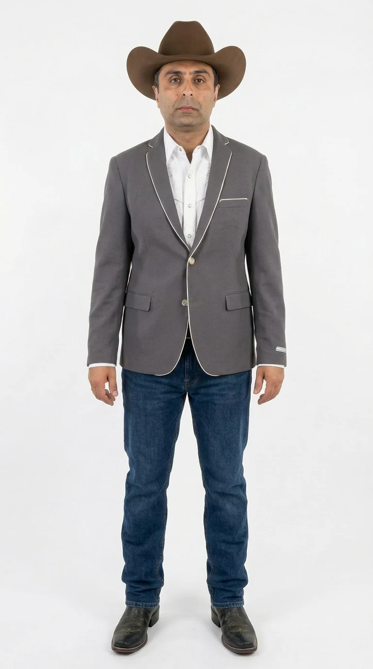 Mens Grey and White Trim Western Blazer – Classic Fit Cowboy Style Contrast Trim Dress Jacket