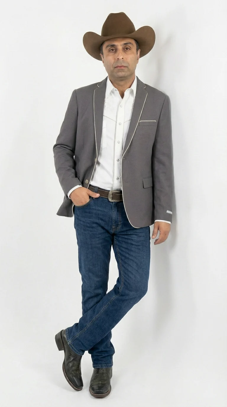 Mens Grey and White Trim Western Blazer – Classic Fit Cowboy Style Contrast Trim Dress Jacket - Image 2