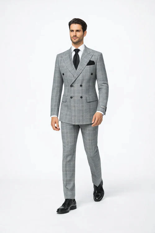 Men's Grey Glen Plaid Double-Breasted Suit – Classic Prince of Wales Check Two-Piece Set By Rossiman - Image 4