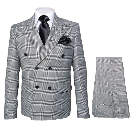 Men's Grey Glen Plaid Double-Breasted Suit – Classic Prince of Wales Check Two-Piece Set By Rossiman - Image 9