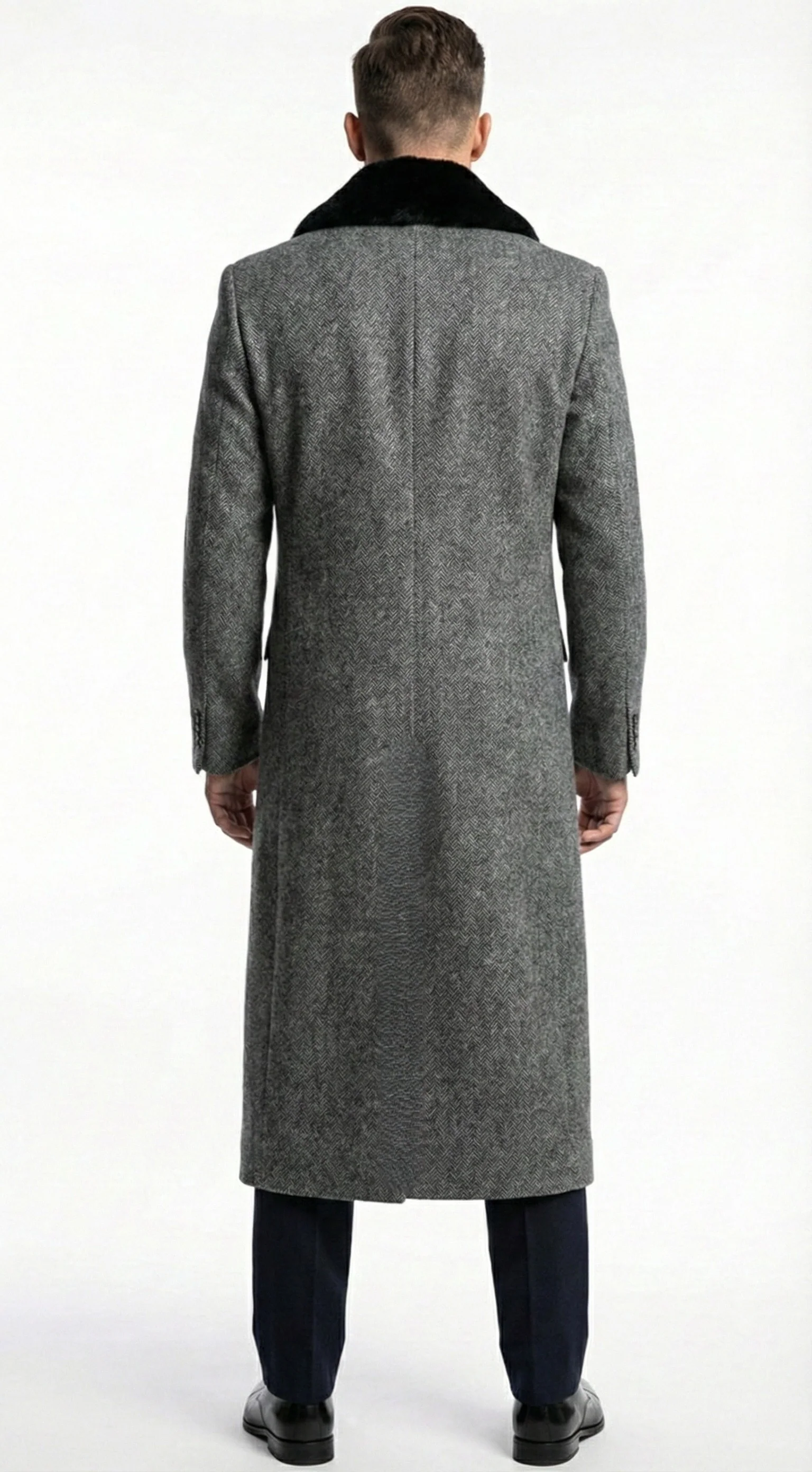 Men's Grey Herringbone Tweed Long Overcoat with Black Faux Fur Collar, Classic Winter Topcoat - Image 2