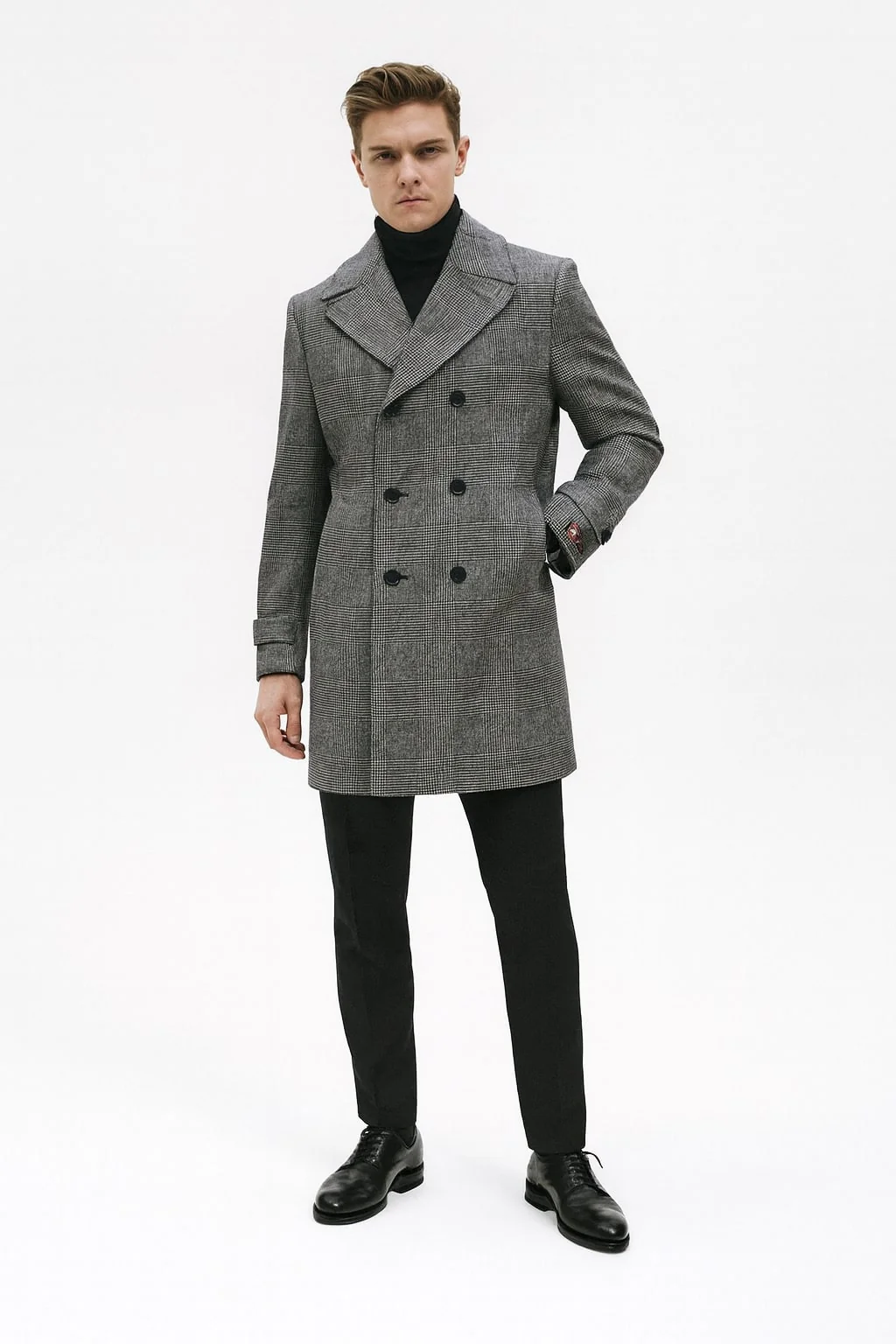 Mens Grey Plaid Double-Breasted Overcoat with Black Faux Fur Collar β Classic Winter Peacoat