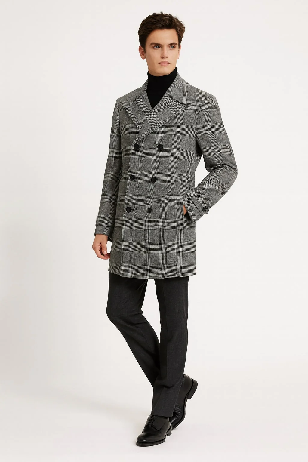 Mens Grey Plaid Double-Breasted Overcoat with Black Faux Fur Collar β Classic Winter Peacoat - Image 2