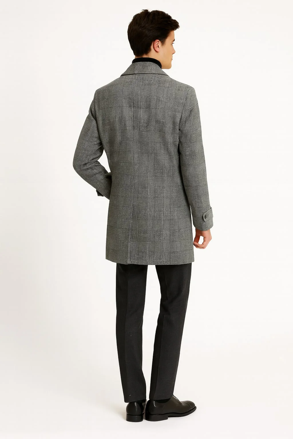 Mens Grey Plaid Double-Breasted Overcoat with Black Faux Fur Collar β Classic Winter Peacoat - Image 3