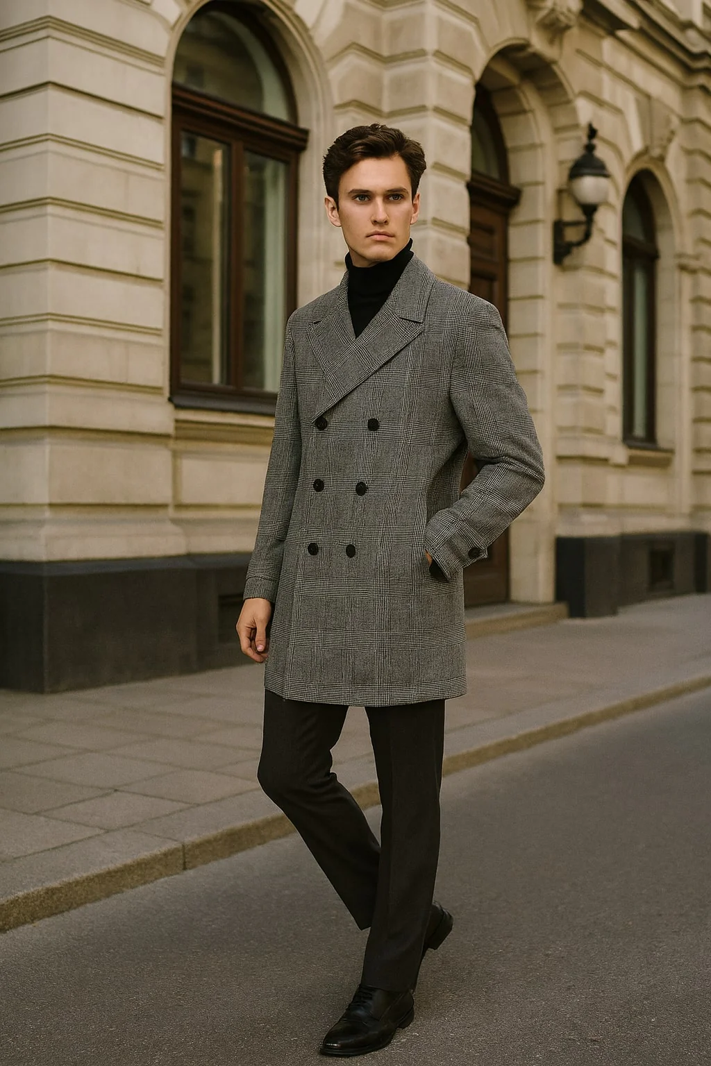 Mens Grey Plaid Double-Breasted Overcoat with Black Faux Fur Collar β Classic Winter Peacoat - Image 4