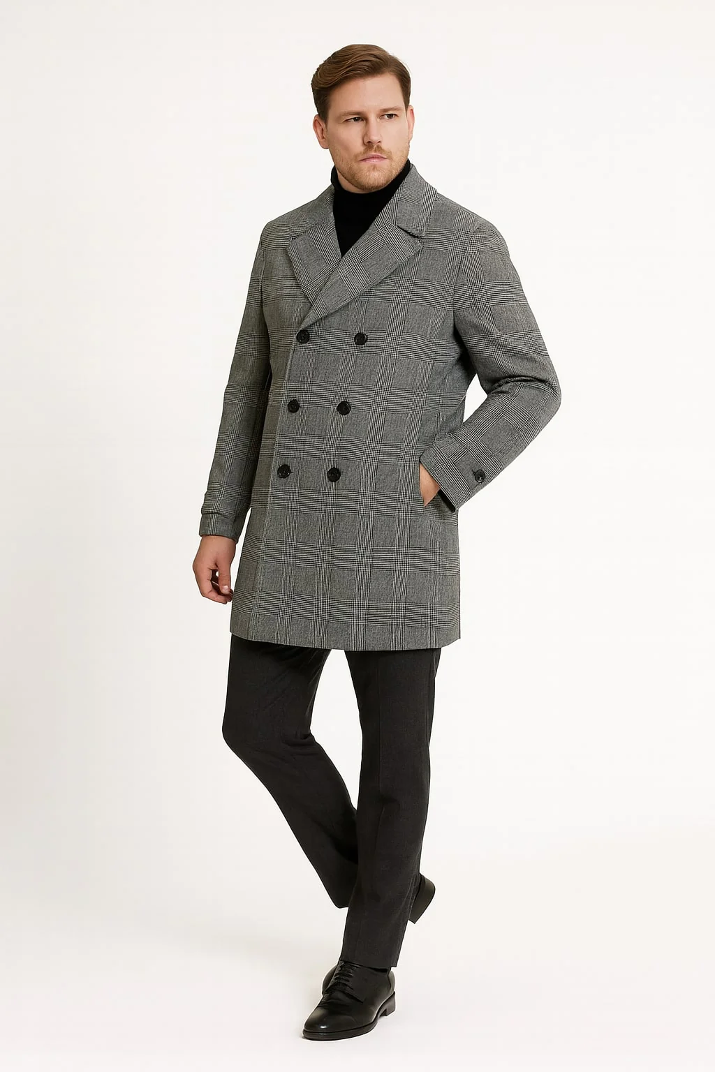 Mens Grey Plaid Double-Breasted Overcoat with Black Faux Fur Collar β Classic Winter Peacoat - Image 5