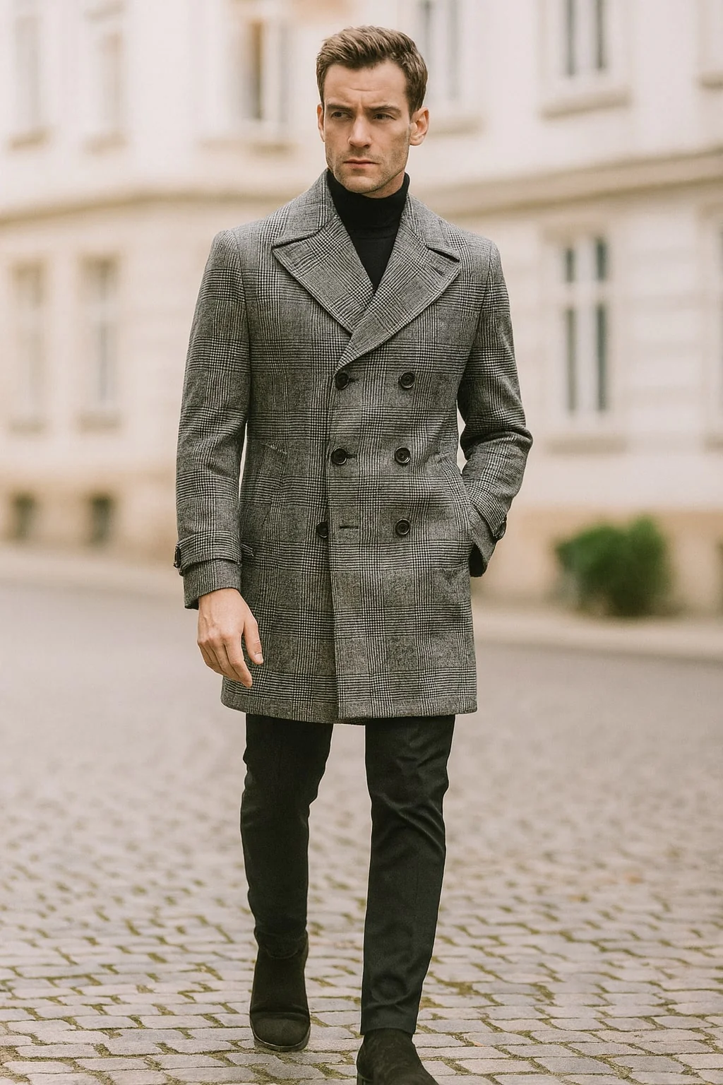 Mens Grey Plaid Double-Breasted Overcoat with Black Faux Fur Collar β Classic Winter Peacoat - Image 6