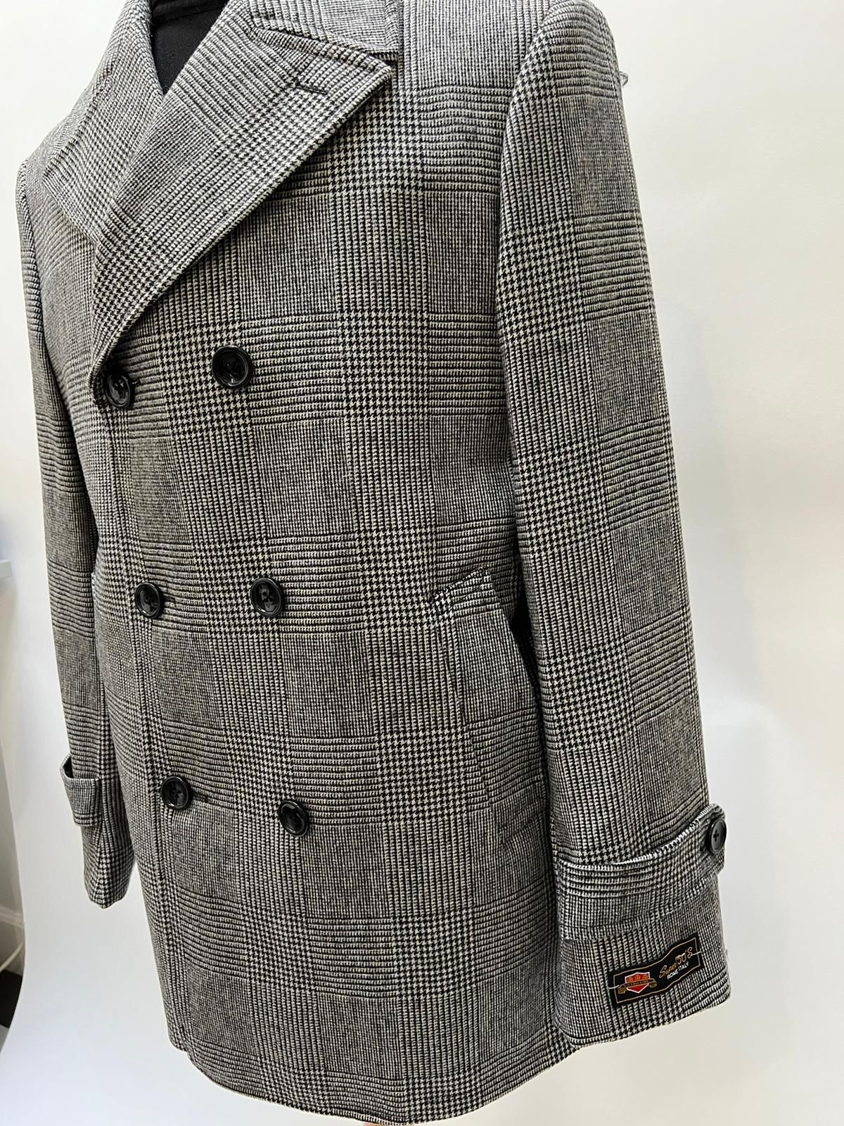Mens Grey Plaid Double-Breasted Overcoat with Black Faux Fur Collar β Classic Winter Peacoat - Image 7