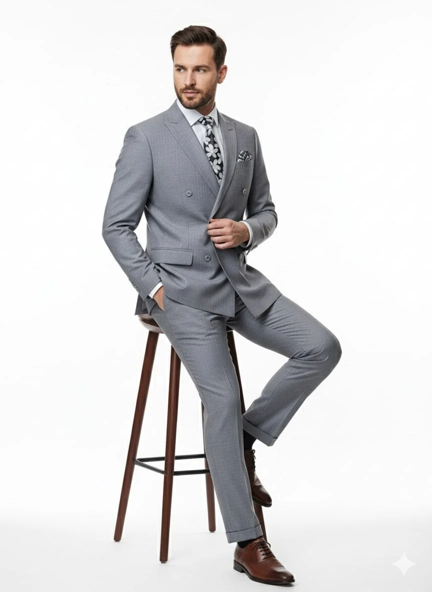 Mens Grey Tone on Tone Double-Breasted Suit – Classic Slim Fit 2 Piece Formal Business Gray Shadow Stripe - Image 4