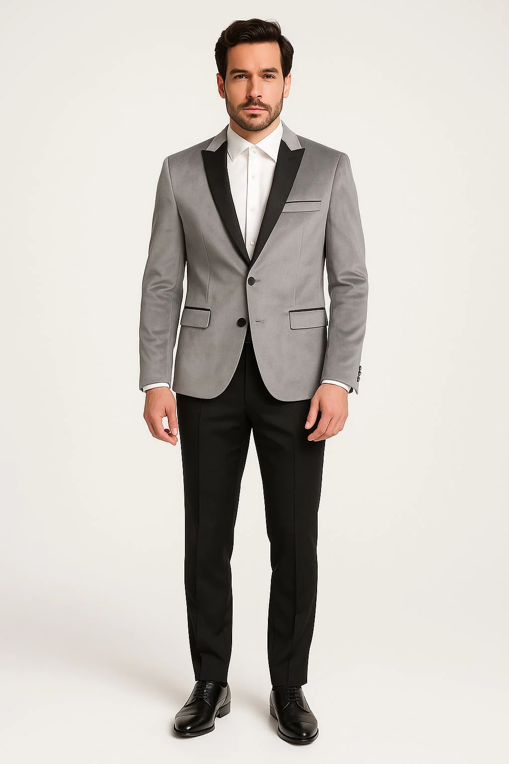 Men's Grey Velvet Tuxedo Jacket with Black Satin Lapel Suit – Mens Blazer + Black Pants - Image 2