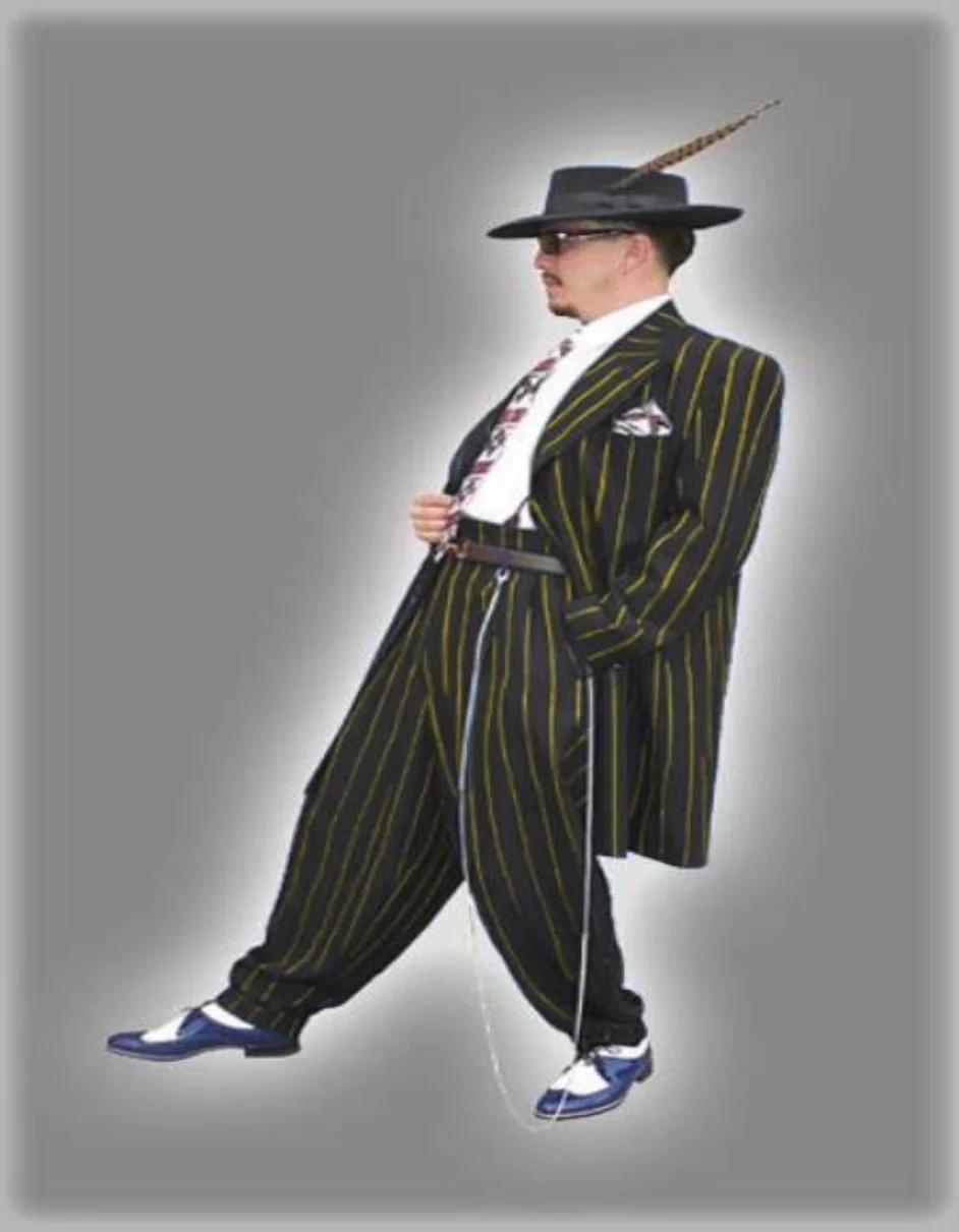 Mens High Fashion Vested Black and Gold Pinstripe Zoot Suit For Sale ~ Pachuco Mens Suit Perfect for Wedding