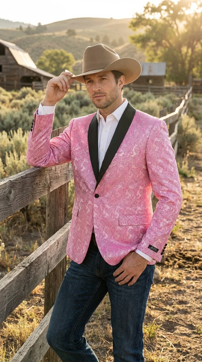 Mens Hot Pink Paisley Western Blazer Jacket – Stylish Pattern Formal Blazer with Black Shawl Lapel for Party, Wedding Cowboy Sportcoat - Image 10