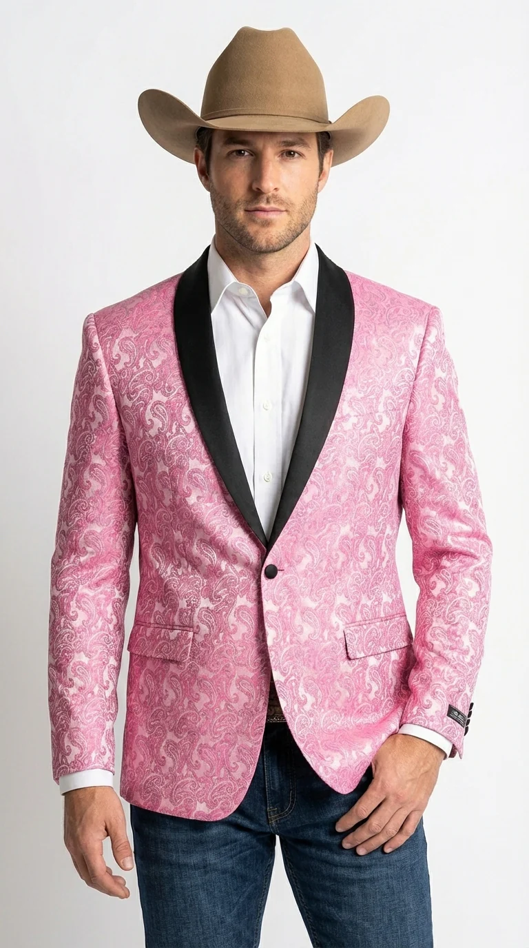 Mens Hot Pink Paisley Western Blazer Jacket – Stylish Pattern Formal Blazer with Black Shawl Lapel for Party, Wedding Cowboy Sportcoat - Image 3