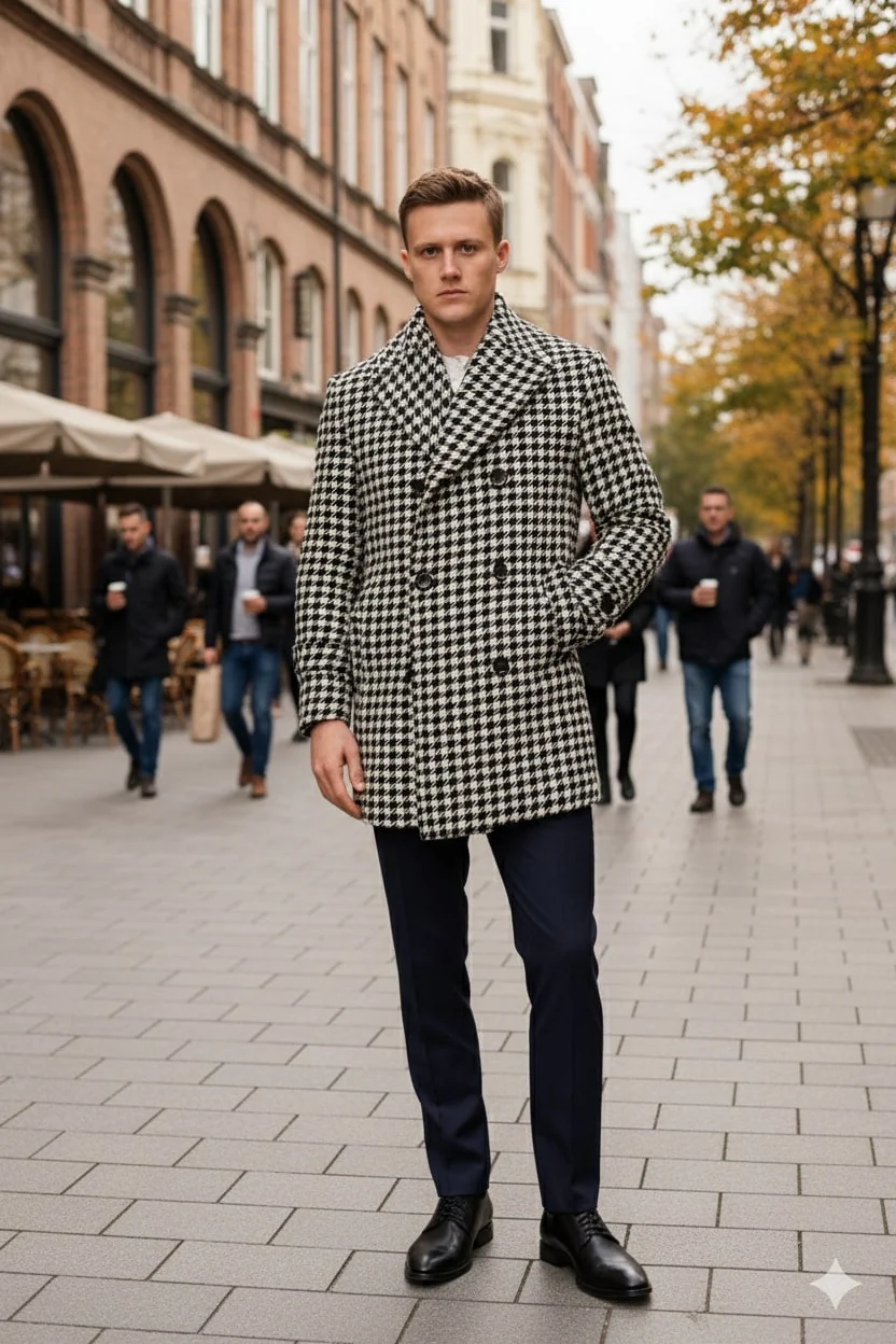 Mens Houndstooth Double-Breasted Overcoats – Classic Black and White Wool Blend Peacoat Wool Fabric - Image 5