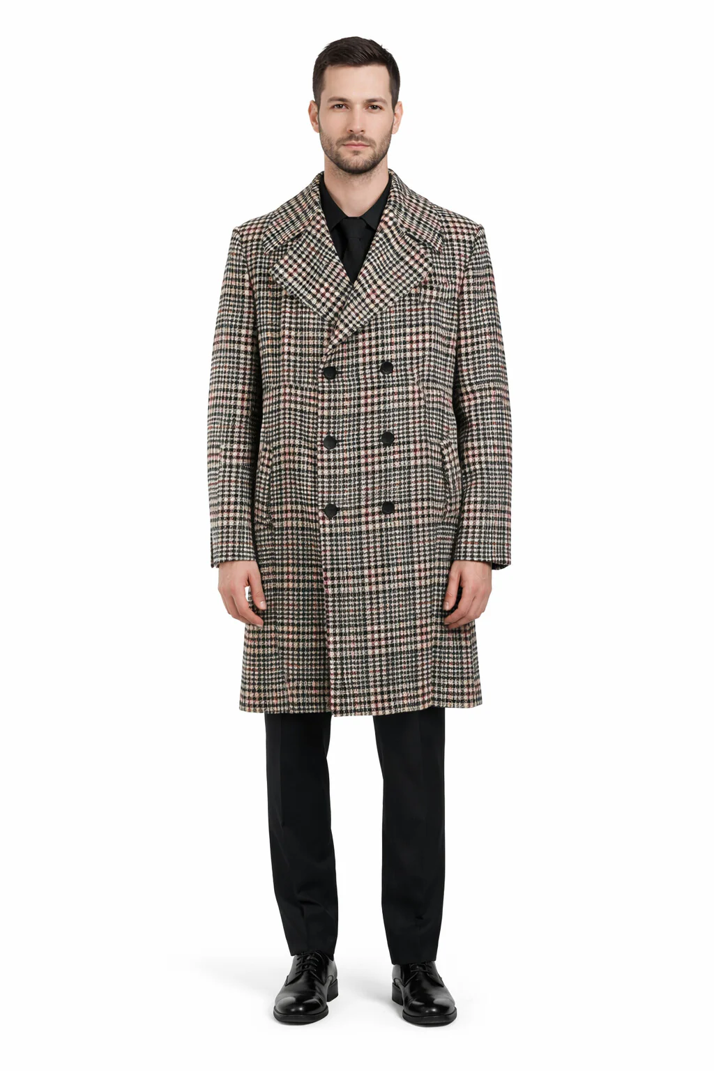 Men's Houndstooth Six Button Front Double Breasted Wool Overcoat