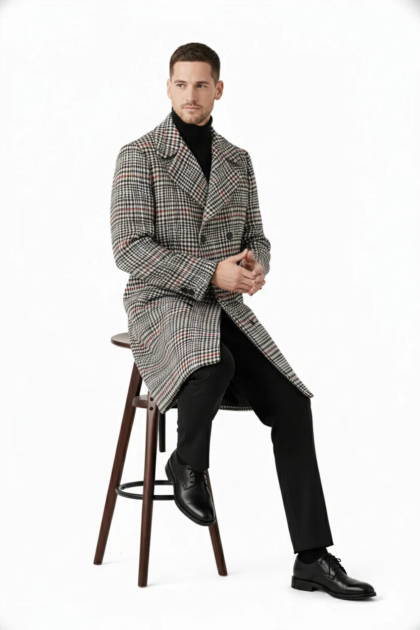 Men's Houndstooth Six Button Front Double Breasted Wool Overcoat - Image 4